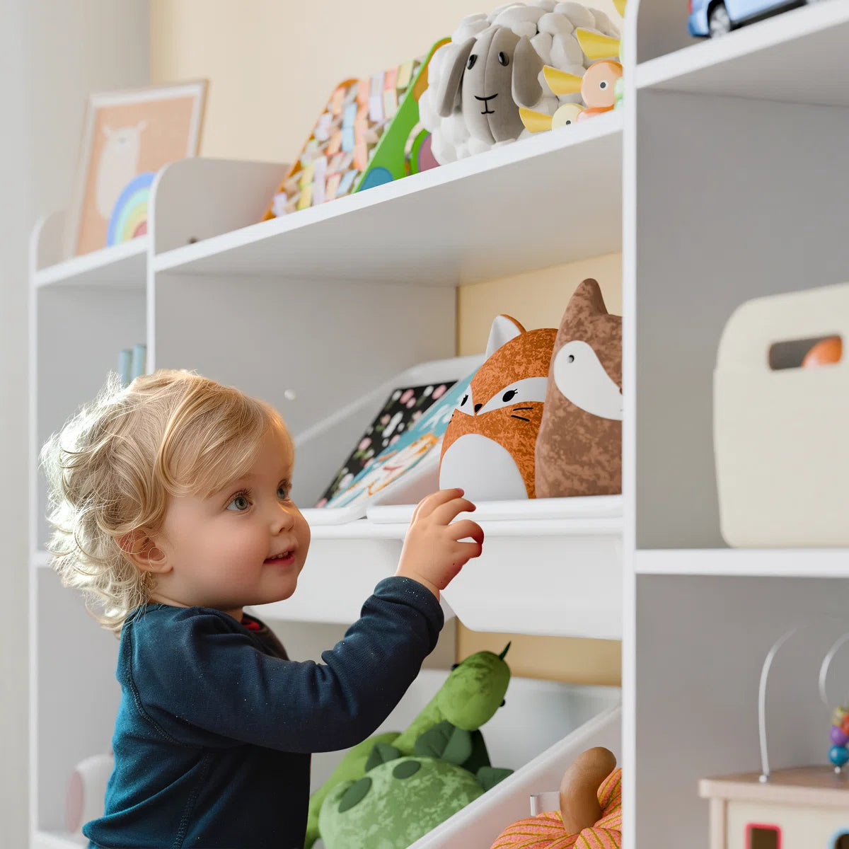 Kids Toy Storage Unit: 55.7" Wide Multi-Bin Organiser with Book Shelves & Cabinets