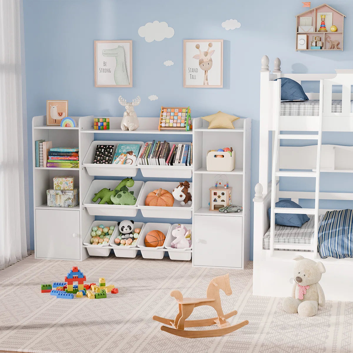 Kids Toy Storage Unit: 55.7" Wide Multi-Bin Organiser with Book Shelves & Cabinets