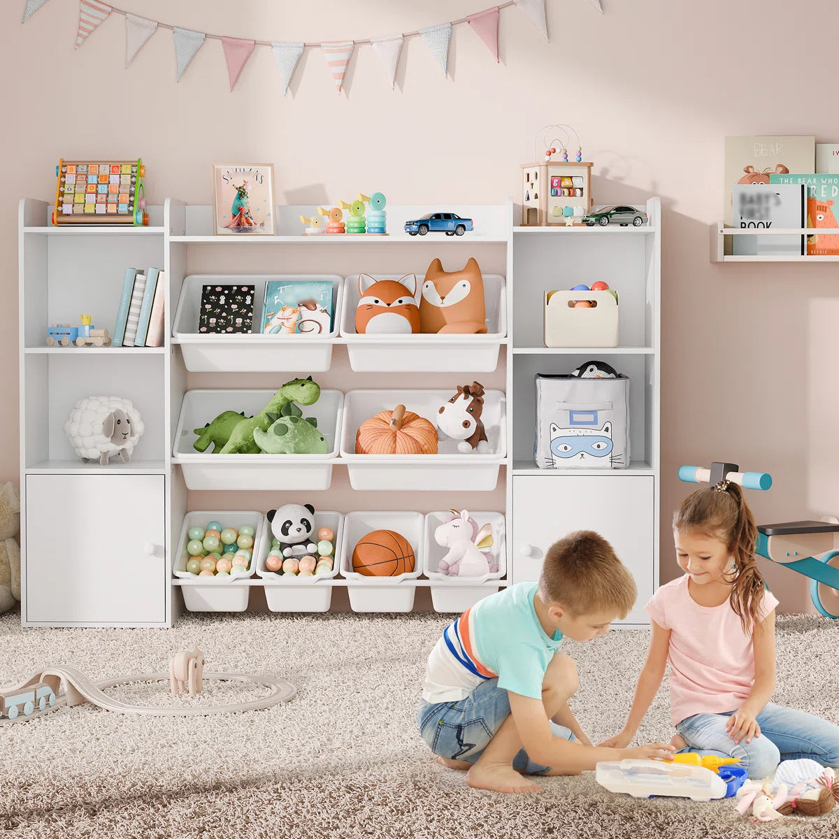 Kids Toy Storage Unit: 55.7" Wide Multi-Bin Organiser with Book Shelves & Cabinets