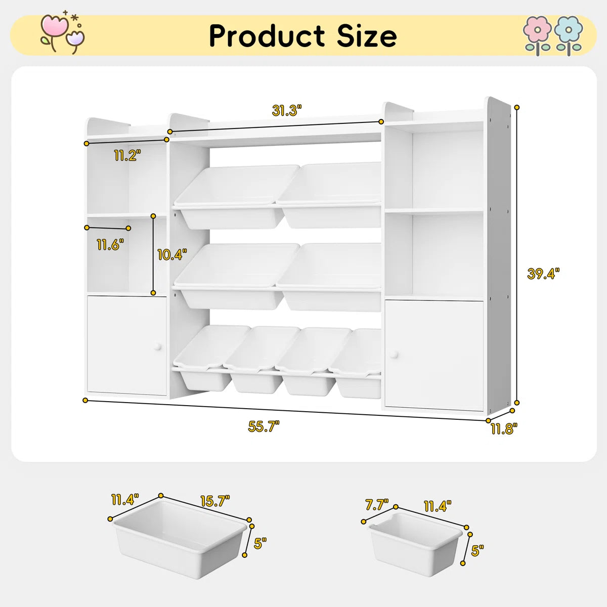 Kids Toy Storage Unit: 55.7" Wide Multi-Bin Organiser with Book Shelves & Cabinets