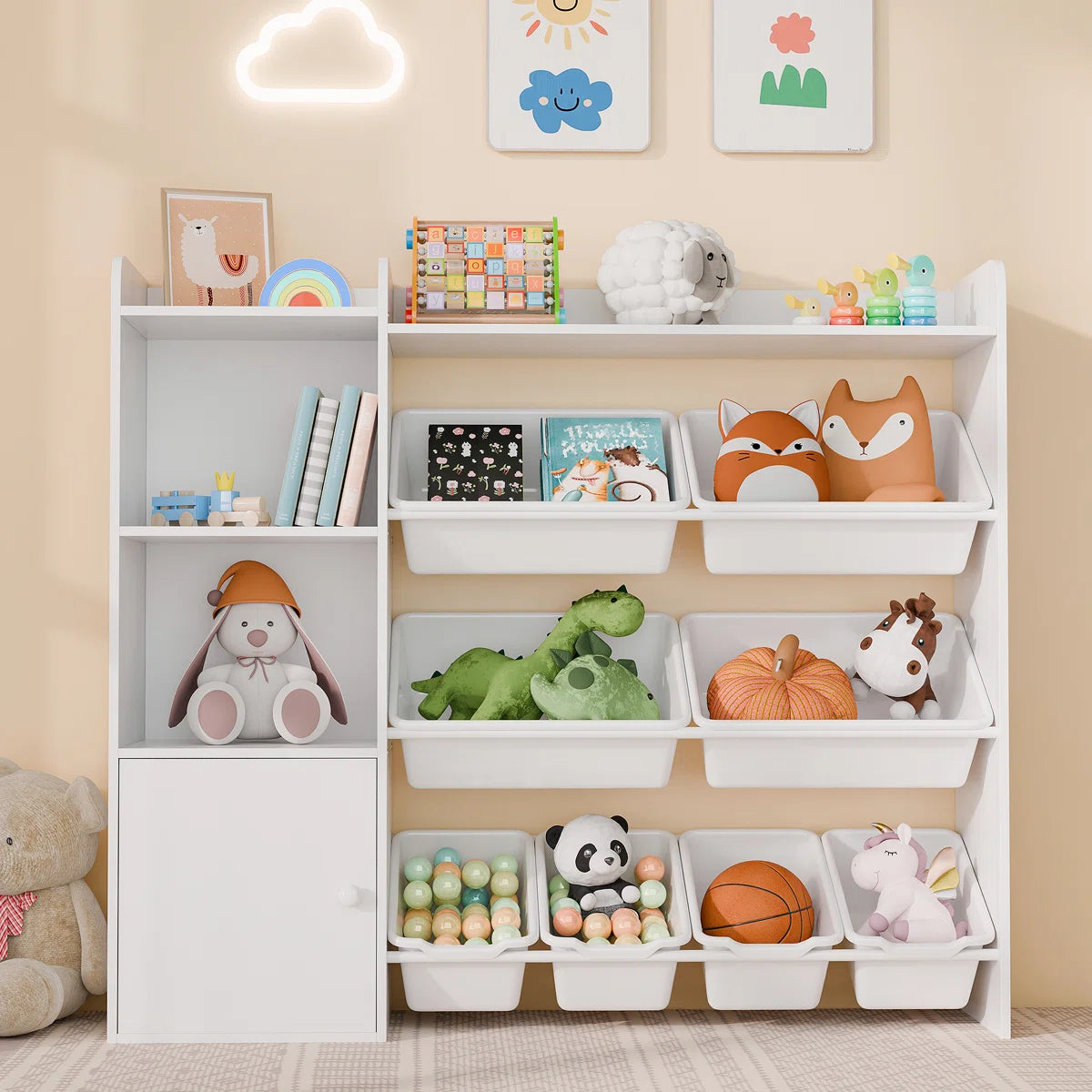 Kids Toy Storage Unit: 8-Bin Organiser with Bookshelves and Enclosed Cabinet