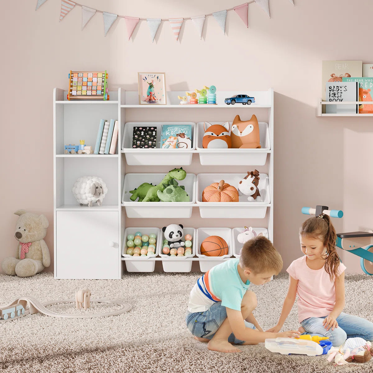 Kids Toy Storage Unit: 8-Bin Organiser with Bookshelves and Enclosed Cabinet