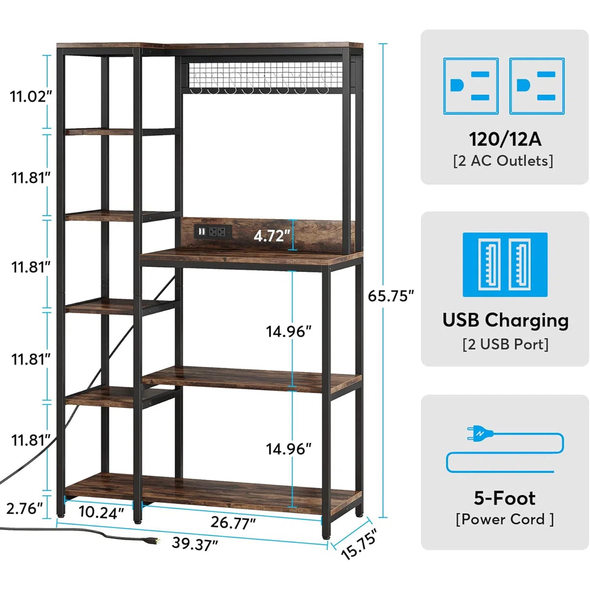 Kitchen Rack: Kitchen Baker's Rack, Freestanding Storage Shelf with USB Ports and Power Outlets