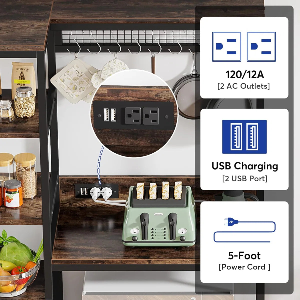 Kitchen Rack: Kitchen Baker's Rack, Freestanding Storage Shelf with USB Ports and Power Outlets