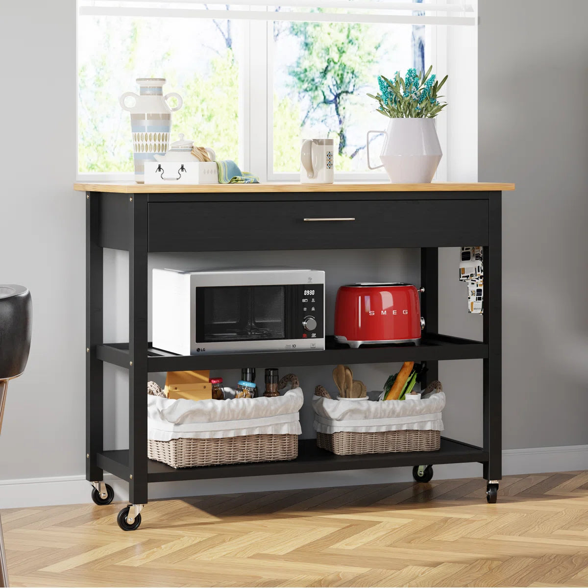Kitchen Rack: Kitchen Island Cart with Open Shelves, Towel Rack, and Adjustable Storage