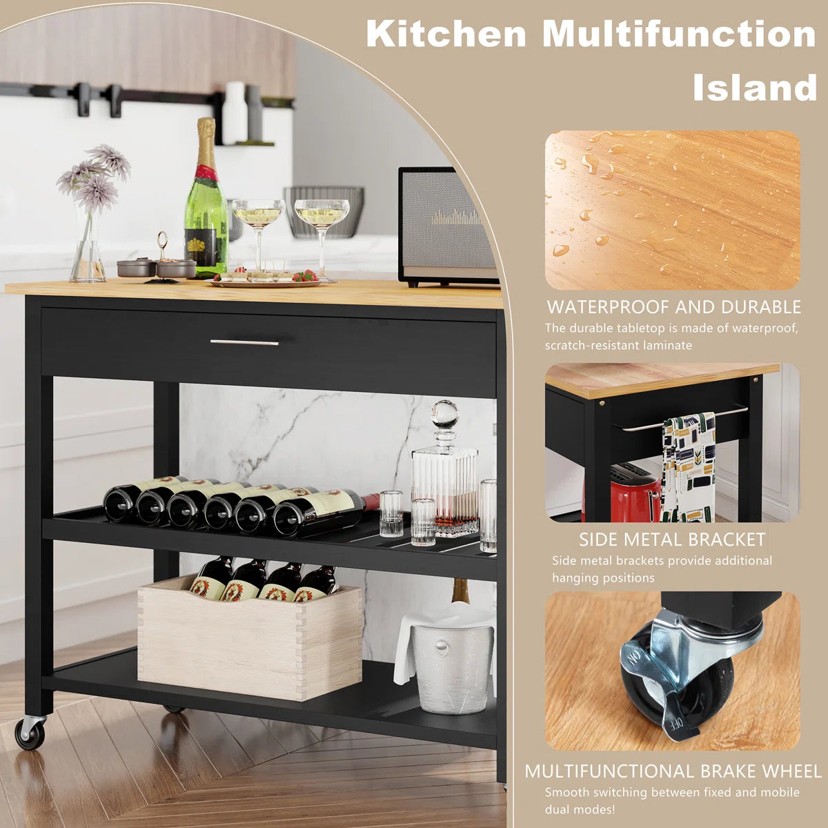 Kitchen Rack: Kitchen Island Cart with Open Shelves, Towel Rack, and Adjustable Storage