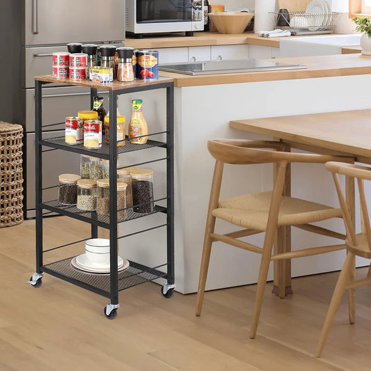 Kitchen Racks: 4-tier kitchen baker’s rack cart with wheels, wood island storage for home use