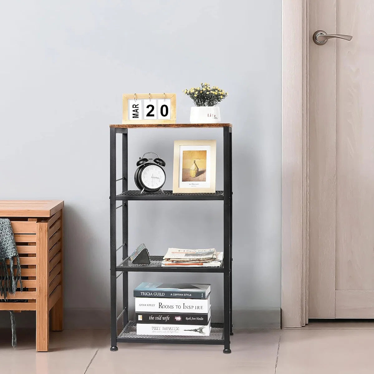 Kitchen Racks: 4-tier kitchen baker’s rack cart with wheels, wood island storage for home use