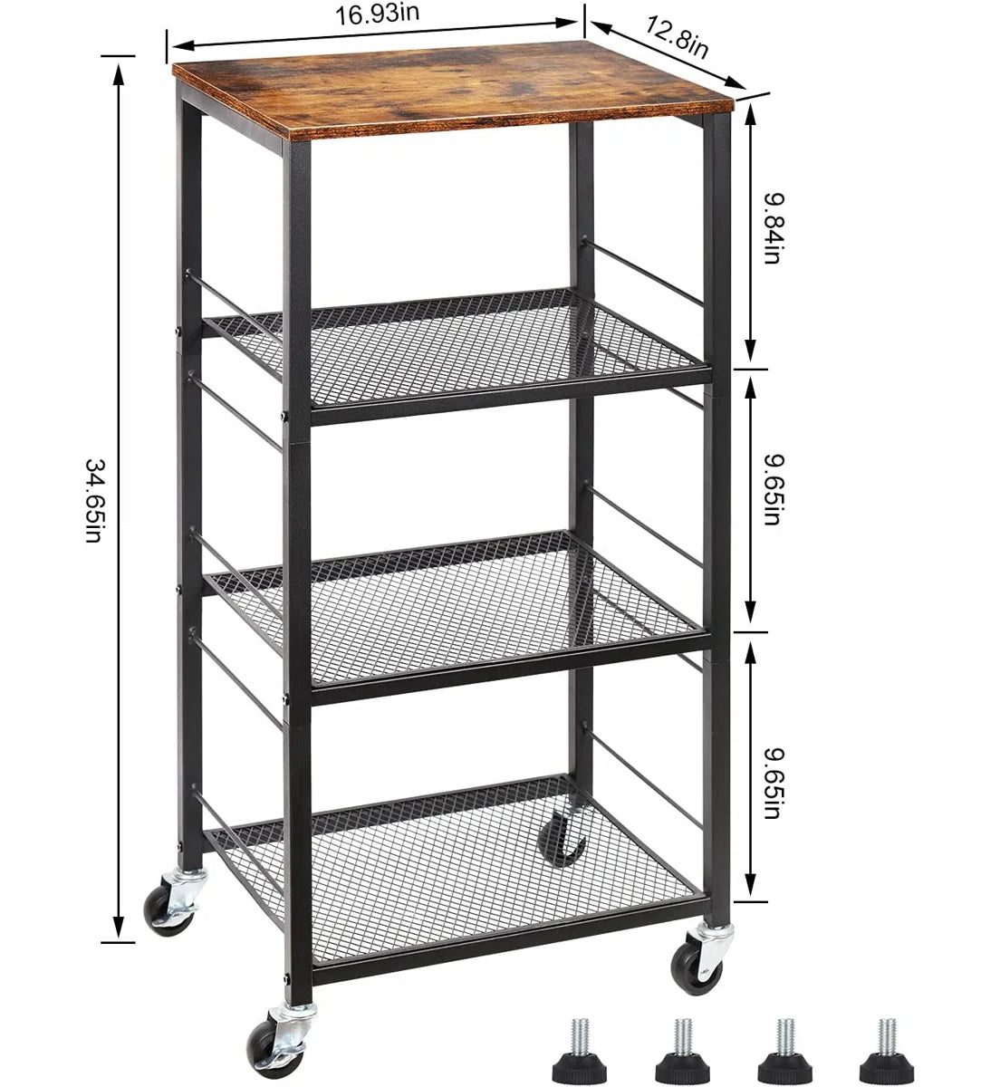 Kitchen Racks: 4-tier kitchen baker’s rack cart with wheels, wood island storage for home use