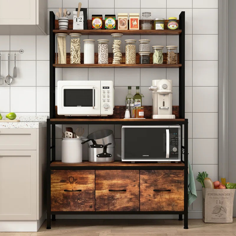 Kitchen Racks: A kitchen baker's rack including 4 fabric drawers and shelves for storing microwaves
