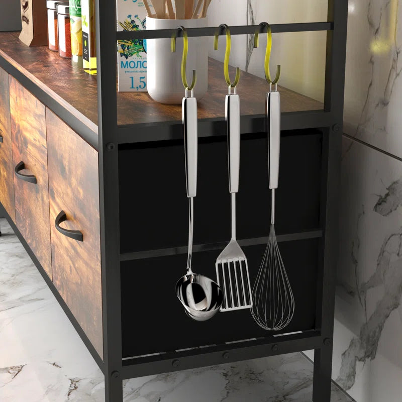 Kitchen Racks: A kitchen baker's rack including 4 fabric drawers and shelves for storing microwaves