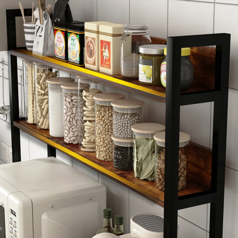 Kitchen Racks: A kitchen baker's rack including 4 fabric drawers and shelves for storing microwaves