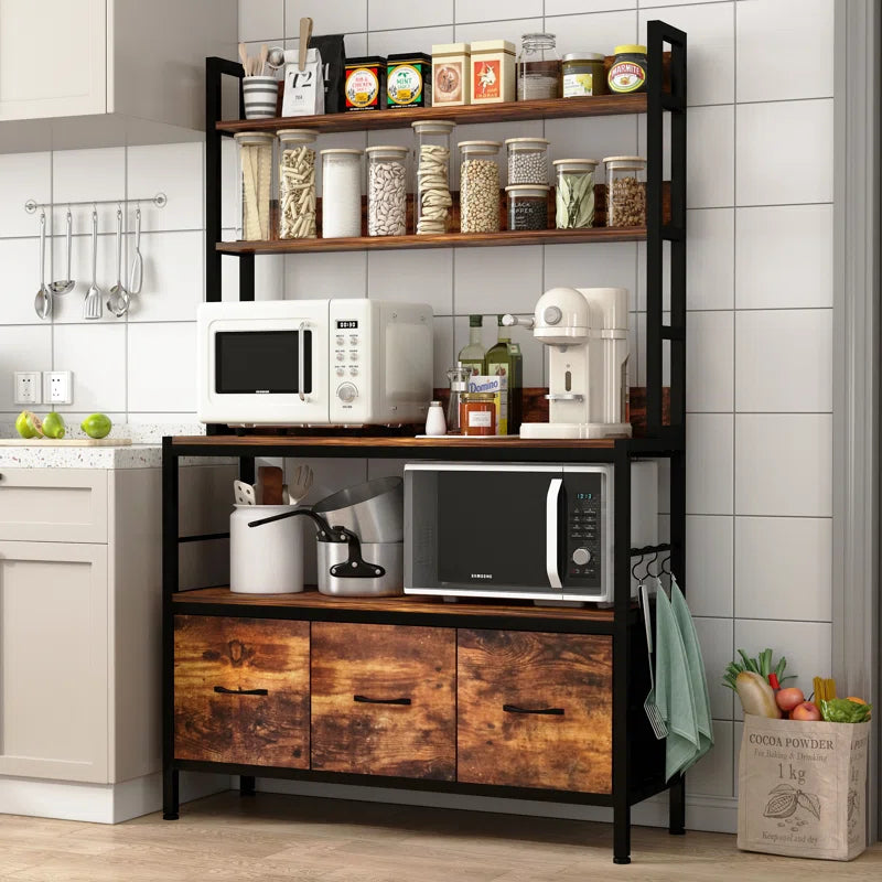 Kitchen Racks: A kitchen baker's rack including 4 fabric drawers and shelves for storing microwaves