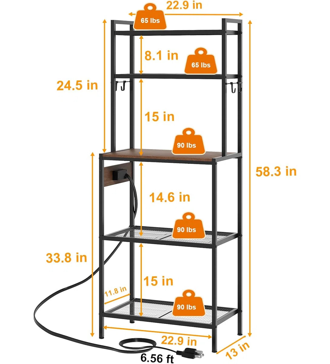 Kitchen Racks: 5-Tier microwave stand with storage, freestanding coffee bar table, and kitchen baker's rack with power outlets