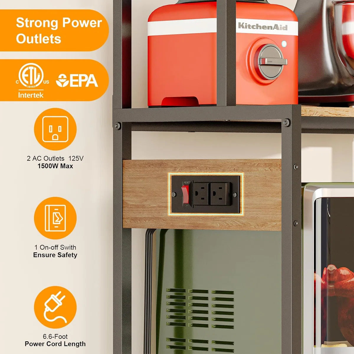 Kitchen Racks: 5-Tier microwave stand with storage, freestanding coffee bar table, and kitchen baker's rack with power outlets
