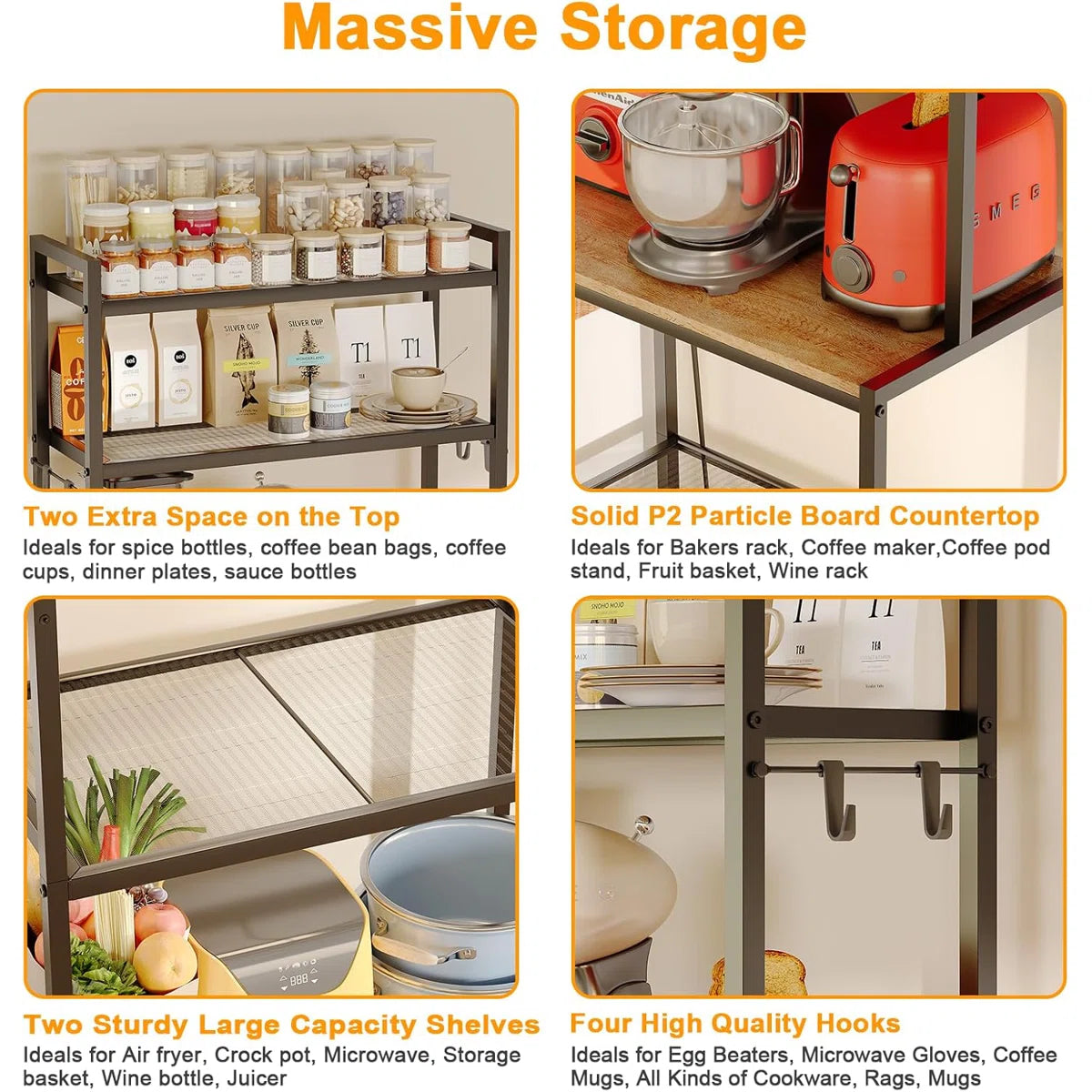 Kitchen Racks: 5-Tier microwave stand with storage, freestanding coffee bar table, and kitchen baker's rack with power outlets