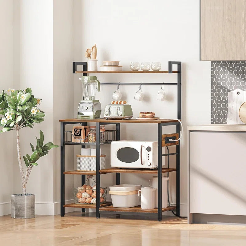 Microwave Stands: Kitchen Bakers Rack With Power Outlets, Shelves, Microwave Stand