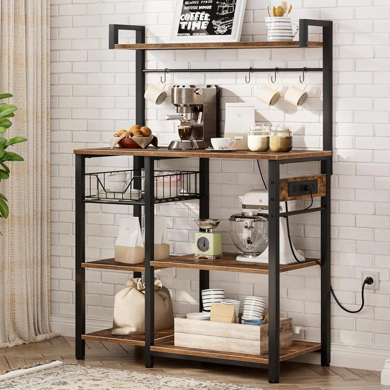 Microwave Stands: Kitchen Bakers Rack With Power Outlets, Shelves, Microwave Stand