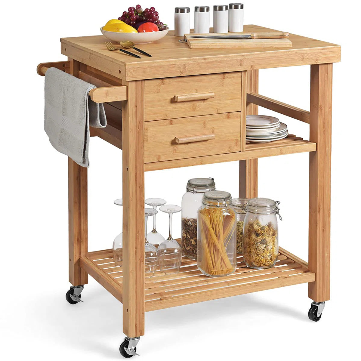 Kitchen Island Table: 32.5" Wide Natural Bamboo Kitchen Cart with Drawers, Shelves & Towel Rack