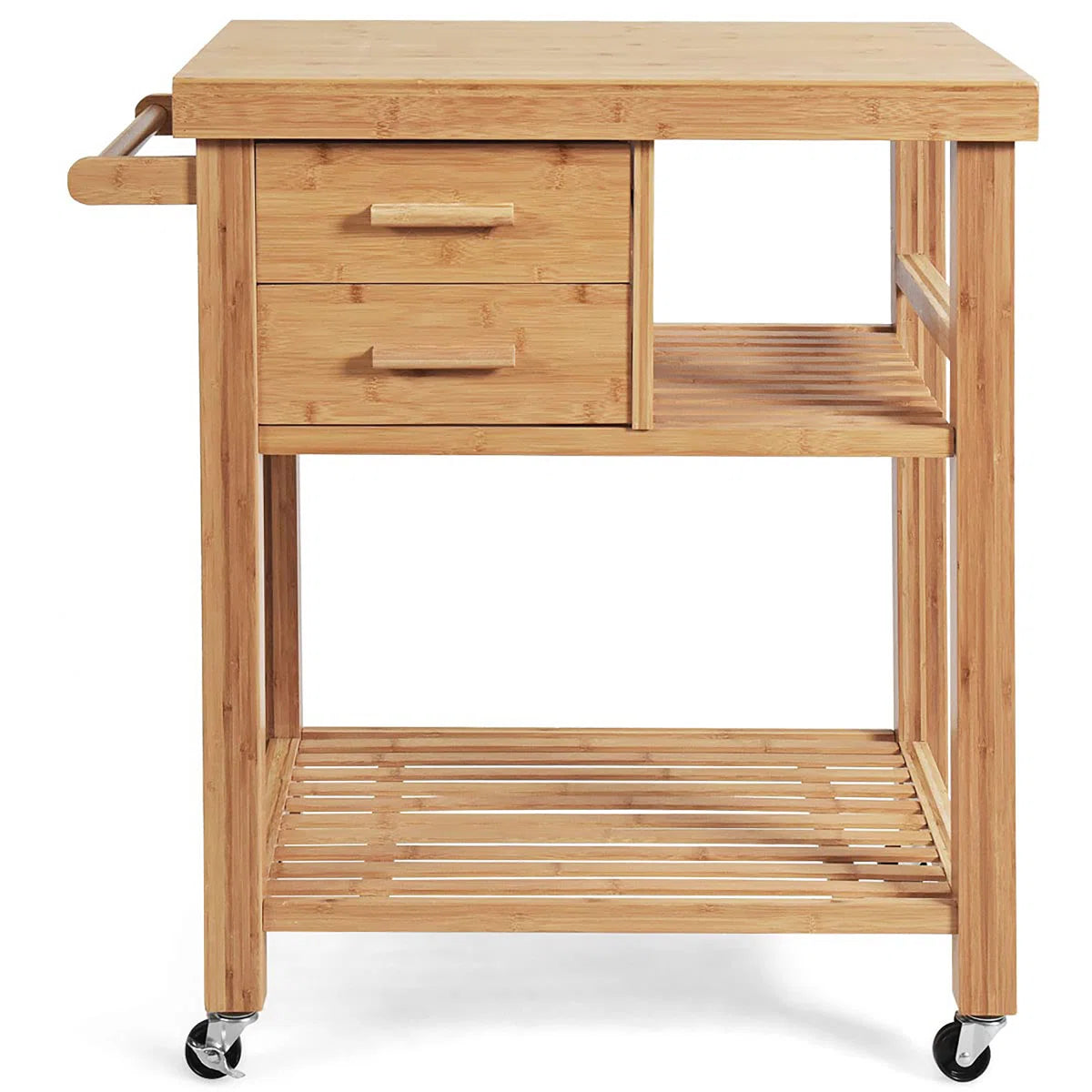 Kitchen Island Table: 32.5" Wide Natural Bamboo Kitchen Cart with Drawers, Shelves & Towel Rack