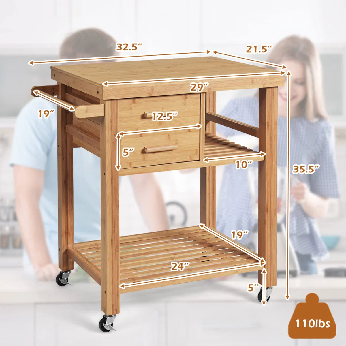 Kitchen Island Table: 32.5" Wide Natural Bamboo Kitchen Cart with Drawers, Shelves & Towel Rack