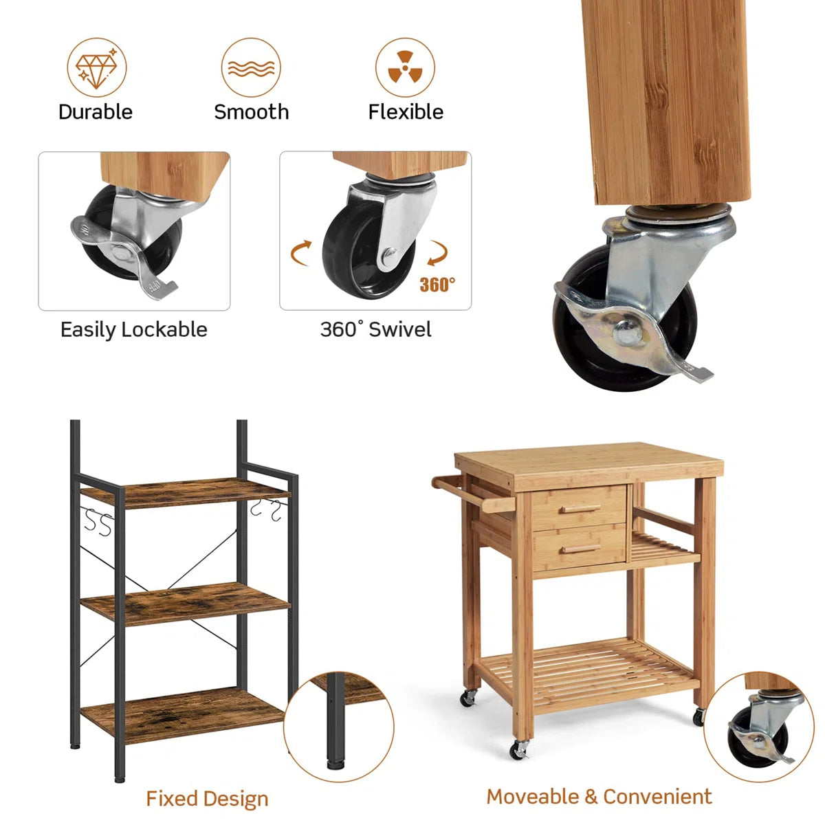 Kitchen Island Table: 32.5" Wide Natural Bamboo Kitchen Cart with Drawers, Shelves & Towel Rack