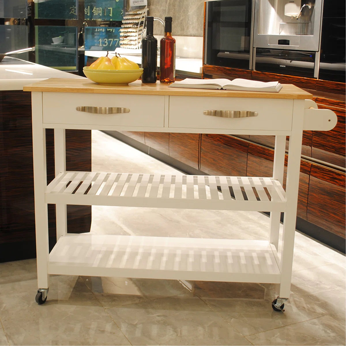 Kitchen Island Table: 45" Wide Solid Wood Kitchen Cart with Drawers, Shelves & Towel Rack