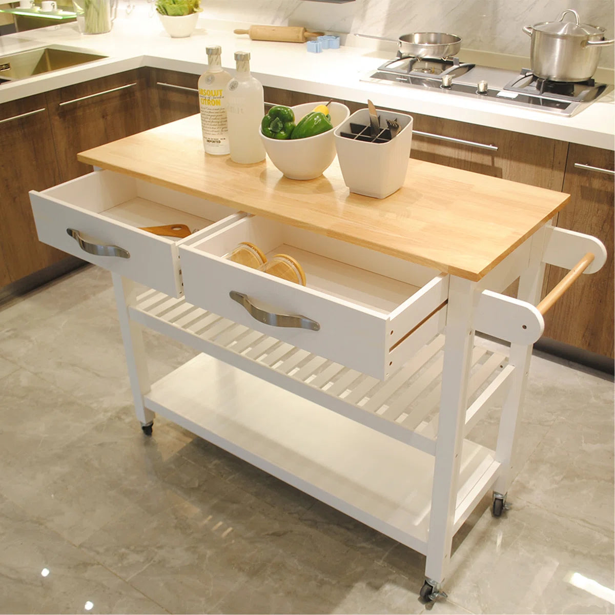 Kitchen Island Table: 45" Wide Solid Wood Kitchen Cart with Drawers, Shelves & Towel Rack