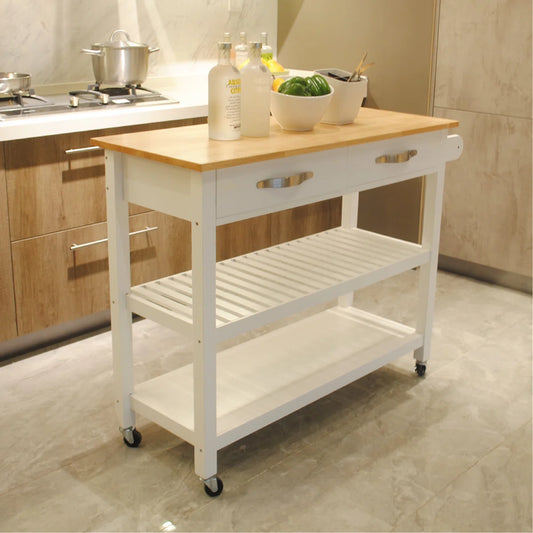 Kitchen Island Table: 45" Wide Solid Wood Kitchen Cart with Drawers, Shelves & Towel Rack