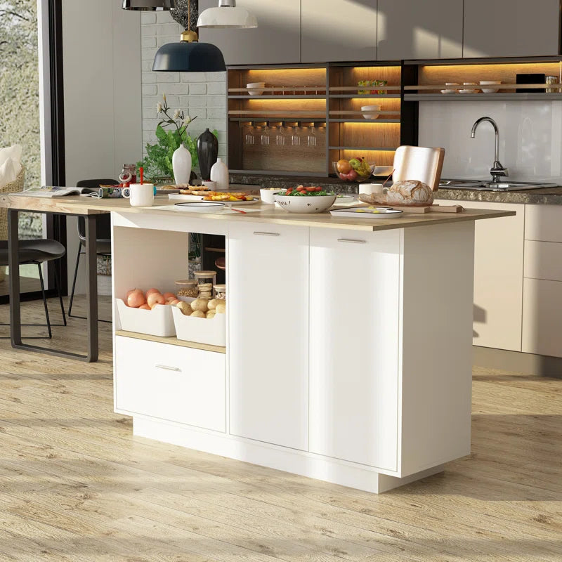 Kitchen Island Table: White Base Drop-Leaf Island with Storage & Light Wood Countertop