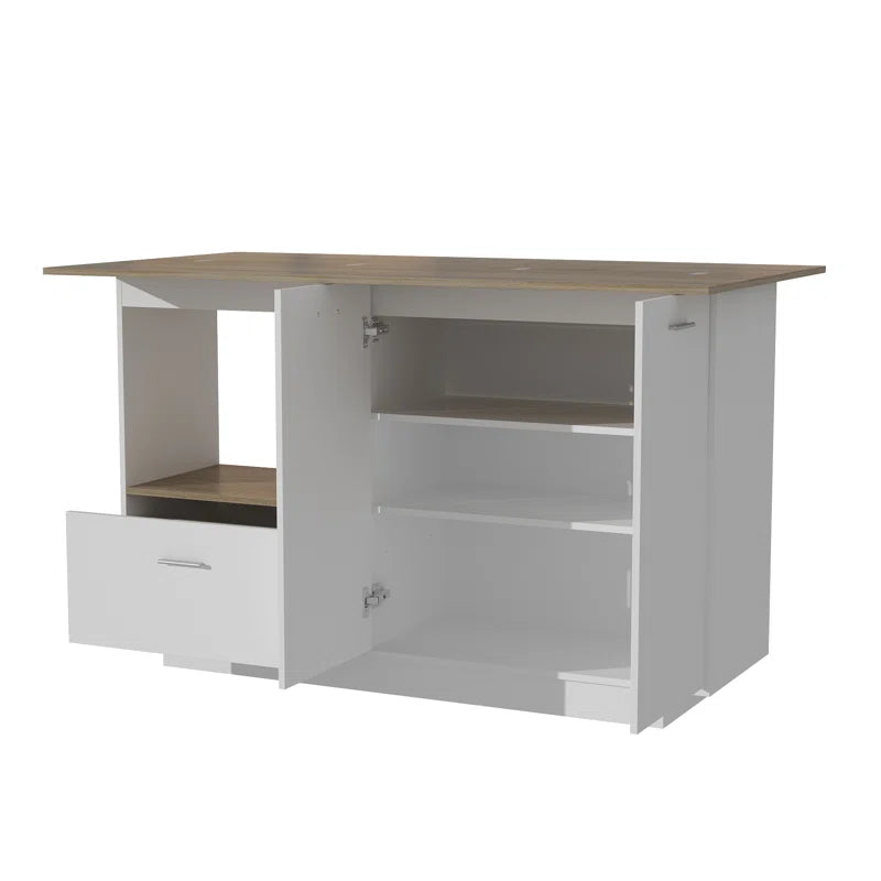 Kitchen Island Table: White Base Drop-Leaf Island with Storage & Light Wood Countertop