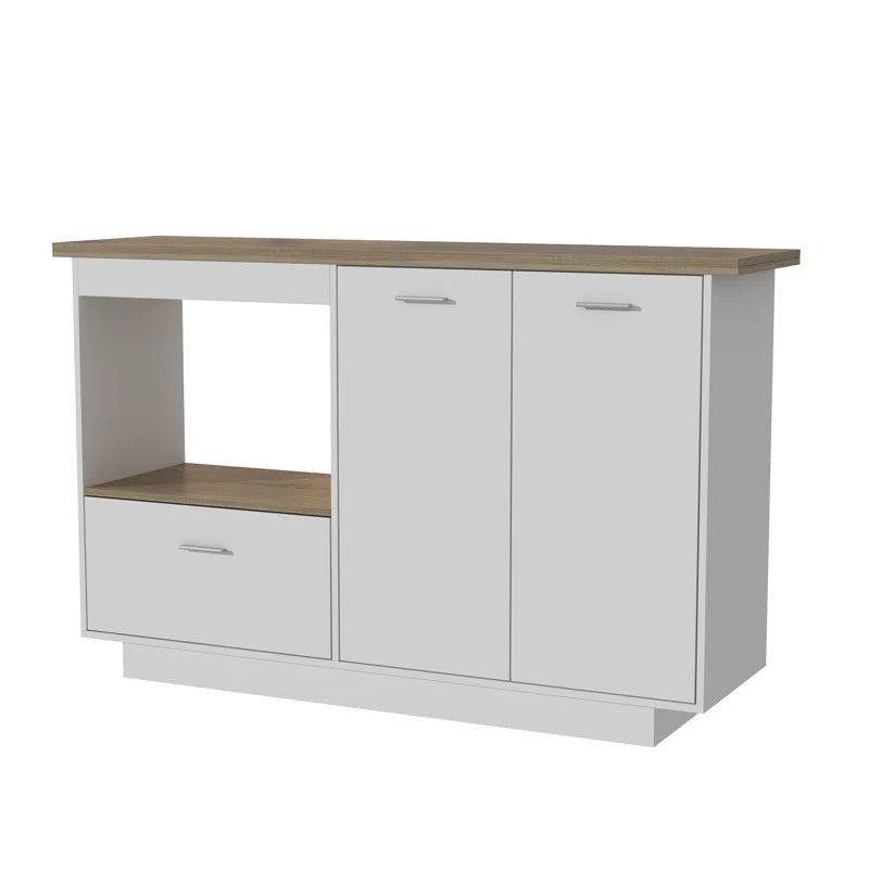 Kitchen Island Table: White Base Drop-Leaf Island with Storage & Light Wood Countertop