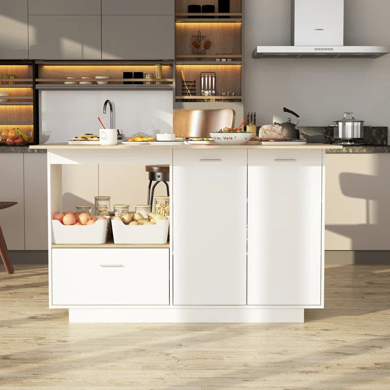 Kitchen Island Table: White Base Drop-Leaf Island with Storage & Light Wood Countertop