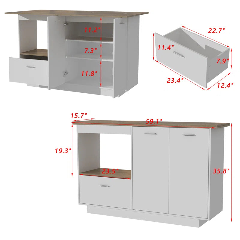 Kitchen Island Table: White Base Drop-Leaf Island with Storage & Light Wood Countertop