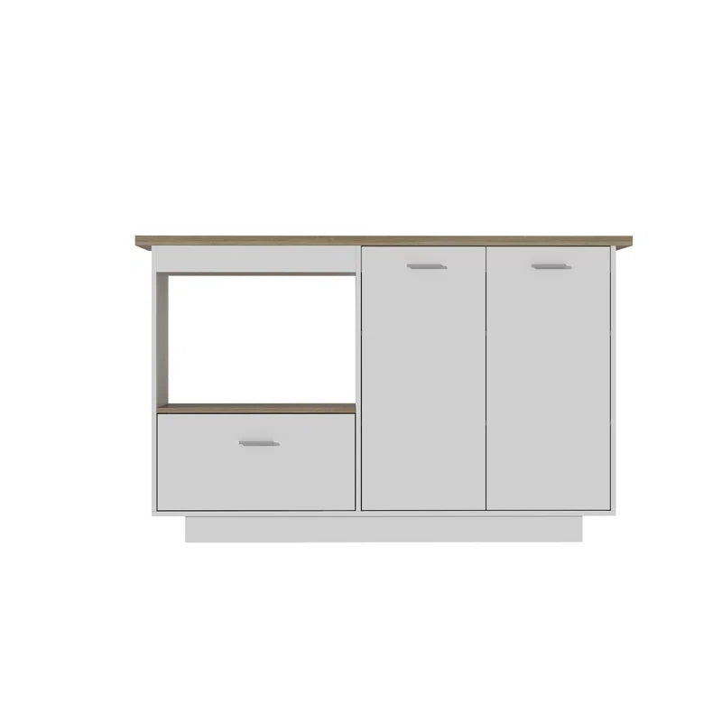 Kitchen Island Table: White Base Drop-Leaf Island with Storage & Light Wood Countertop