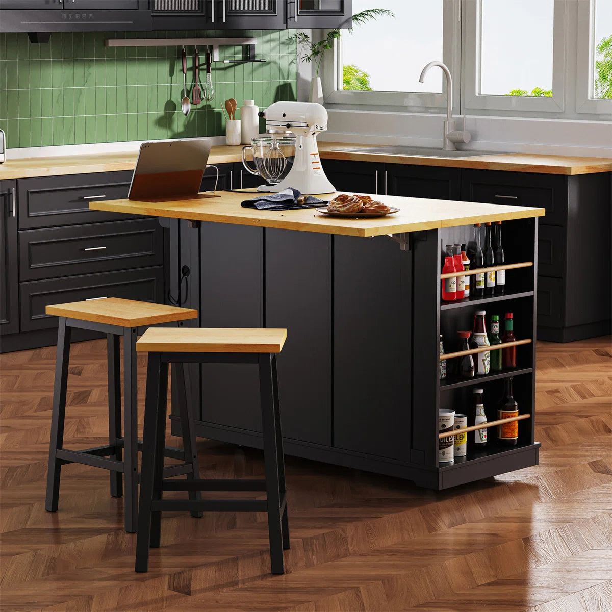 Kitchen Island Table: 53.14'' Modern Farmhouse Kitchen Cart with Drop Leaf, Barn Doors & Charging Station