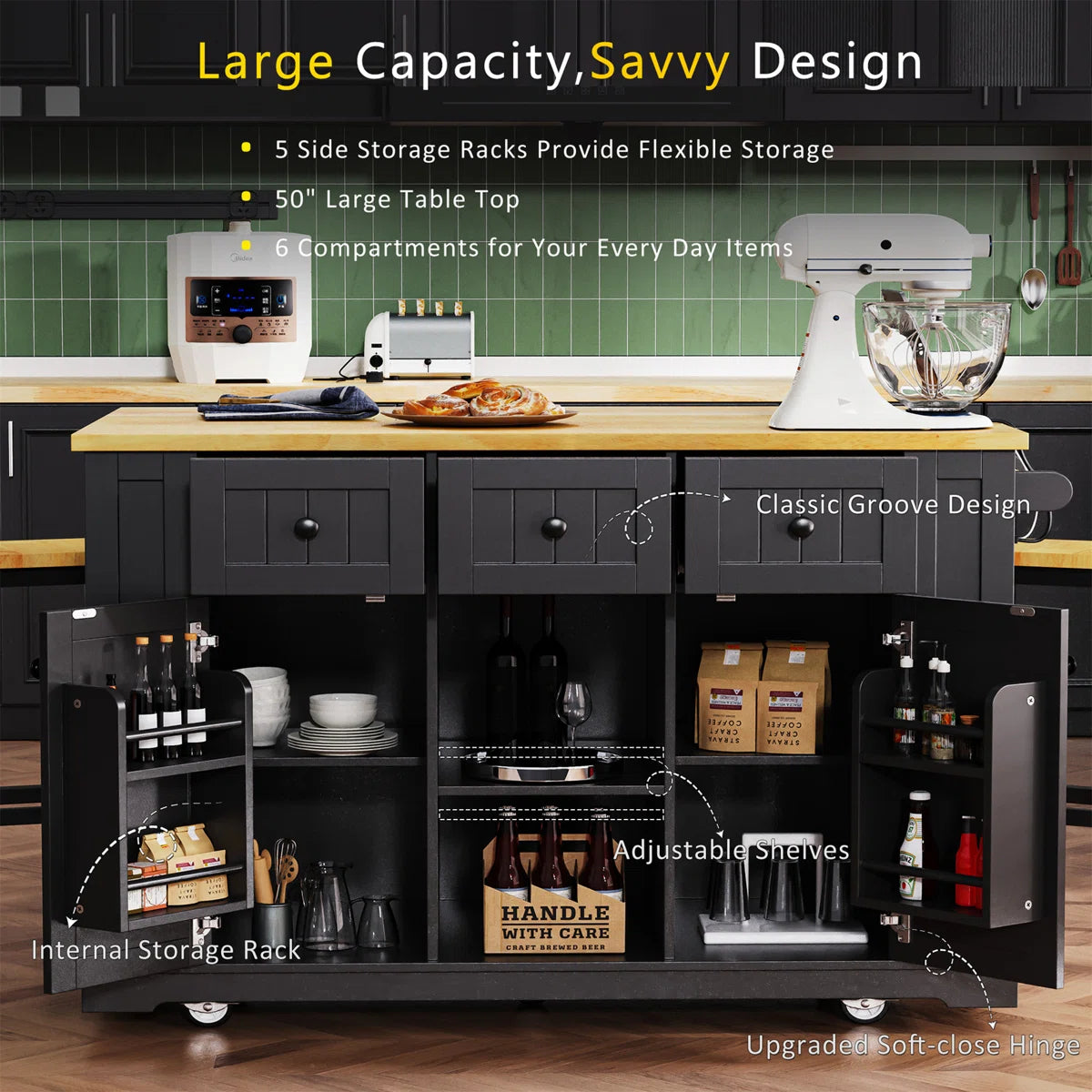 Kitchen Island Table: 53.14'' Modern Farmhouse Kitchen Cart with Drop Leaf, Barn Doors & Charging Station