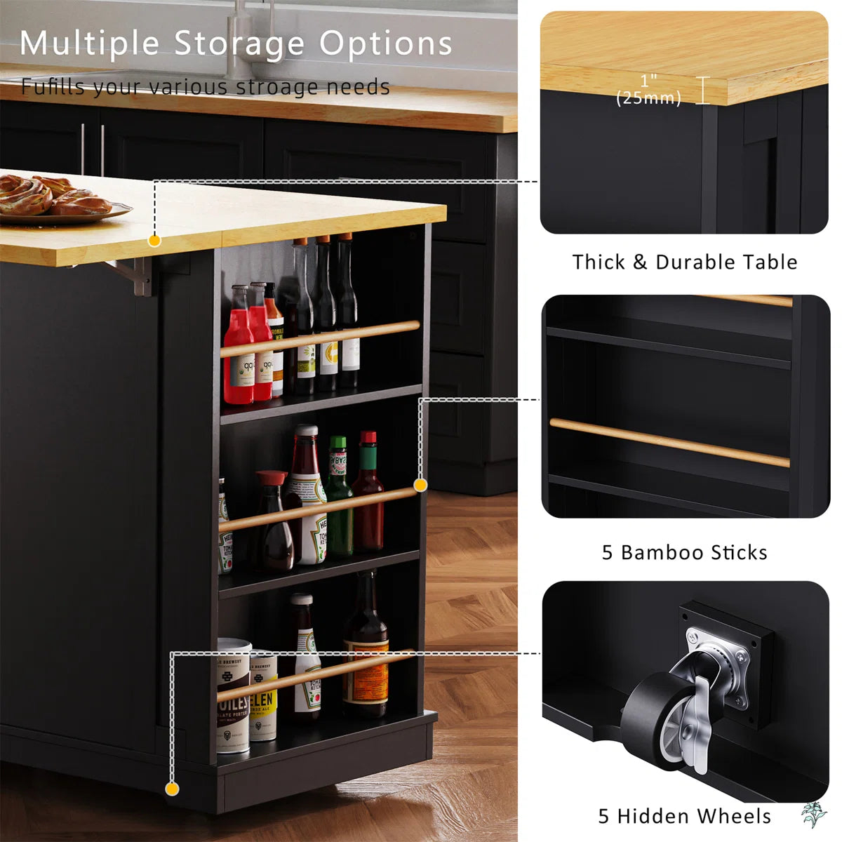 Kitchen Island Table: 53.14'' Modern Farmhouse Kitchen Cart with Drop Leaf, Barn Doors & Charging Station