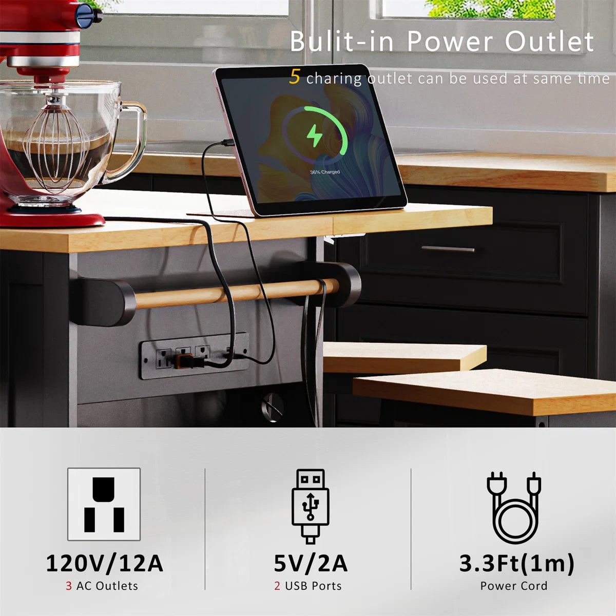 Kitchen Island Table: 53.14'' Modern Farmhouse Kitchen Cart with Drop Leaf, Barn Doors & Charging Station