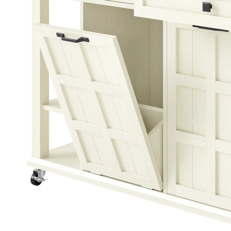 Kitchen Island Table: Expandable Rolling Cart with Power Outlets, USB Ports & Trash Bin Cabinet