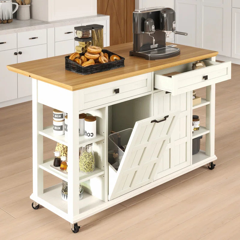 Kitchen Island Table: Expandable Rolling Cart with Power Outlets, USB Ports & Trash Bin Cabinet