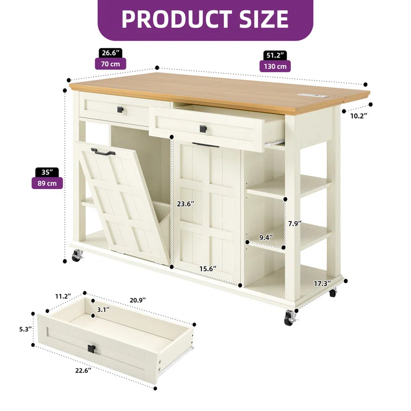 Kitchen Island Table: Expandable Rolling Cart with Power Outlets, USB Ports & Trash Bin Cabinet
