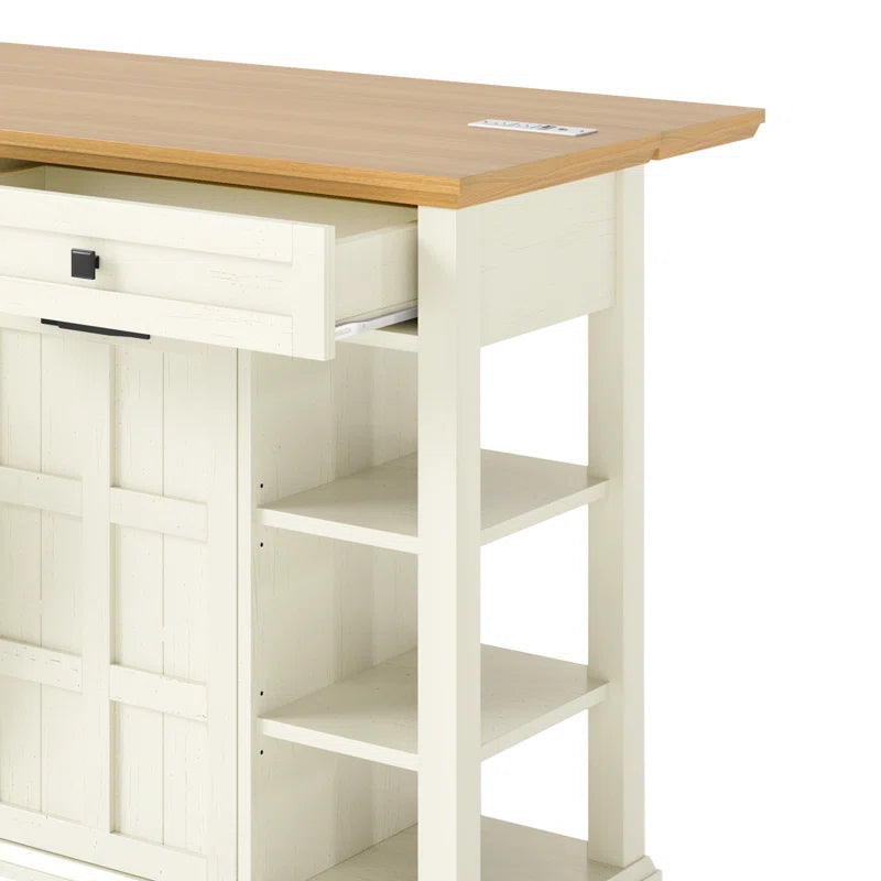 Kitchen Island Table: Expandable Rolling Cart with Power Outlets, USB Ports & Trash Bin Cabinet