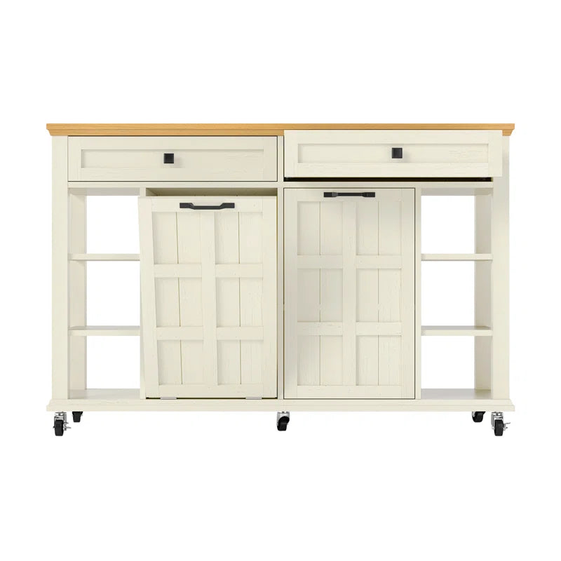 Kitchen Island Table: Expandable Rolling Cart with Power Outlets, USB Ports & Trash Bin Cabinet