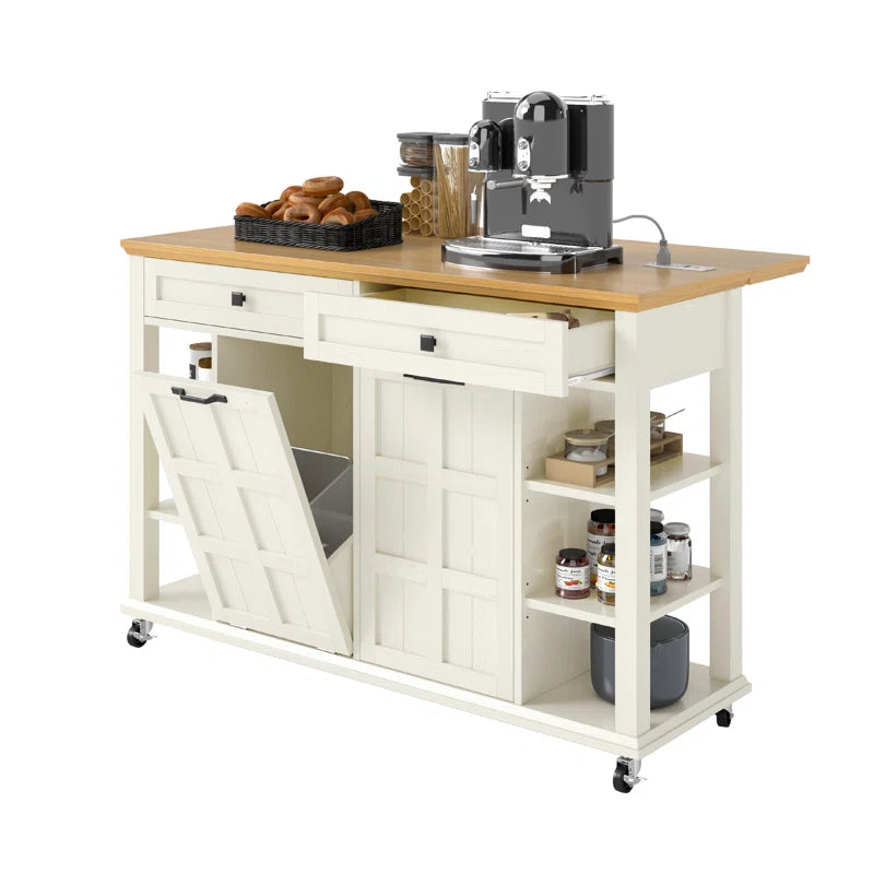 Kitchen Island Table: Expandable Rolling Cart with Power Outlets, USB Ports & Trash Bin Cabinet