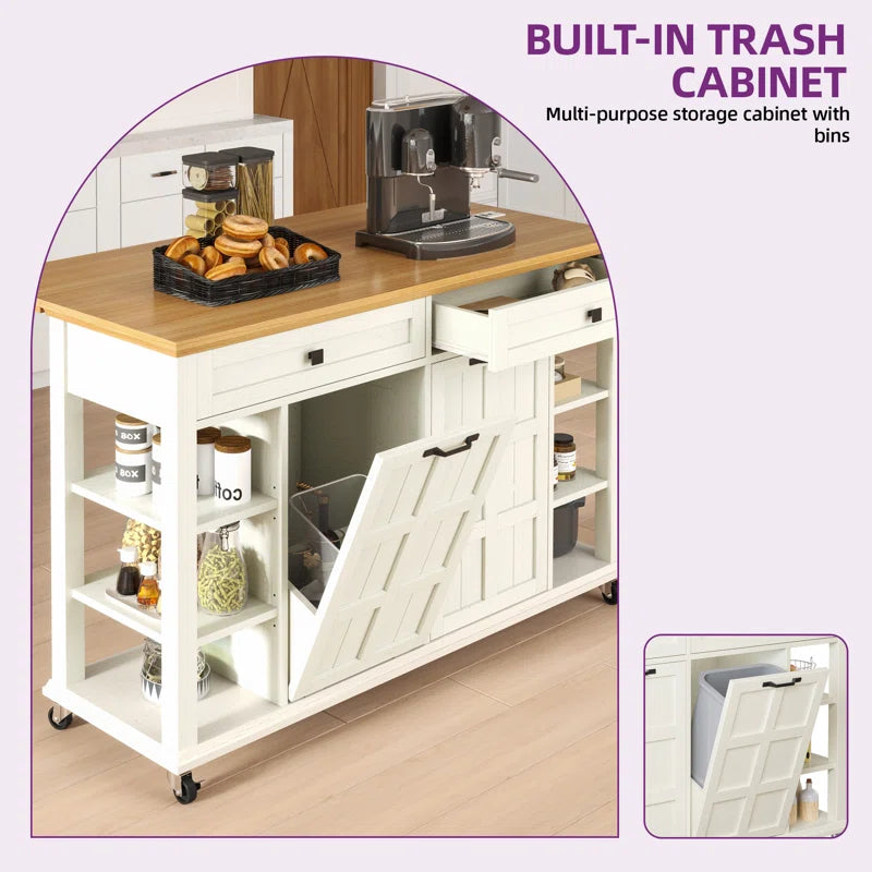 Kitchen Island Table: Expandable Rolling Cart with Power Outlets, USB Ports & Trash Bin Cabinet