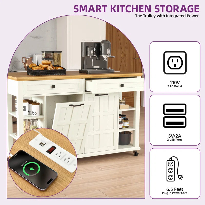 Kitchen Island Table: Expandable Rolling Cart with Power Outlets, USB Ports & Trash Bin Cabinet