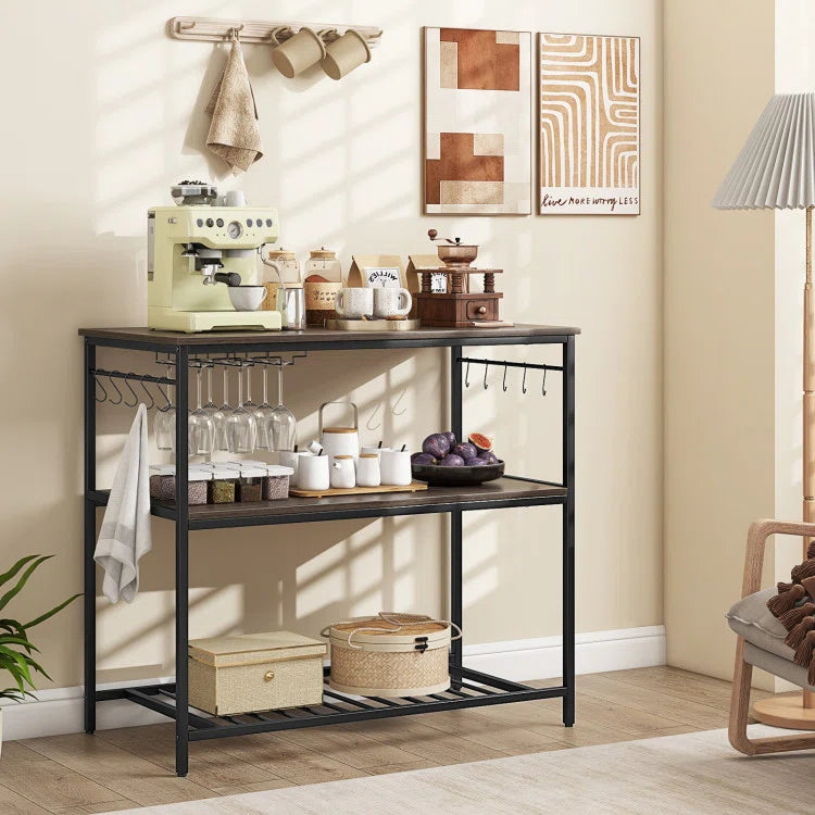 Kitchen Racks: 3 Shelves, Ten Hooks, and Wine Glass Holders on a Kitchen Island
