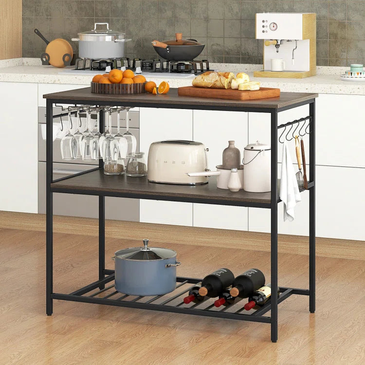 Kitchen Racks: 3 Shelves, Ten Hooks, and Wine Glass Holders on a Kitchen Island