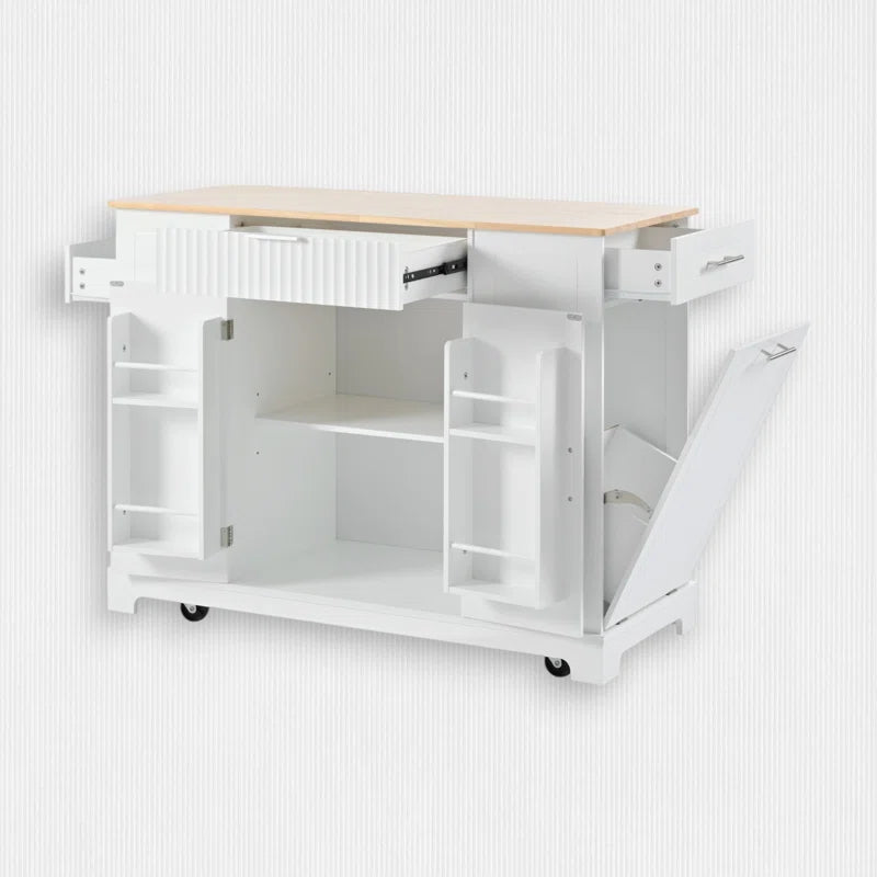Kitchen Island Table: Tilt-Out Trash Cabinet with Charging Station & Storage Drawers